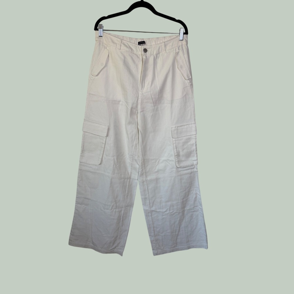 Roxy Chloe Kim Collab White Wide Leg Cargo Pants XL Y2K Utility Streetwear